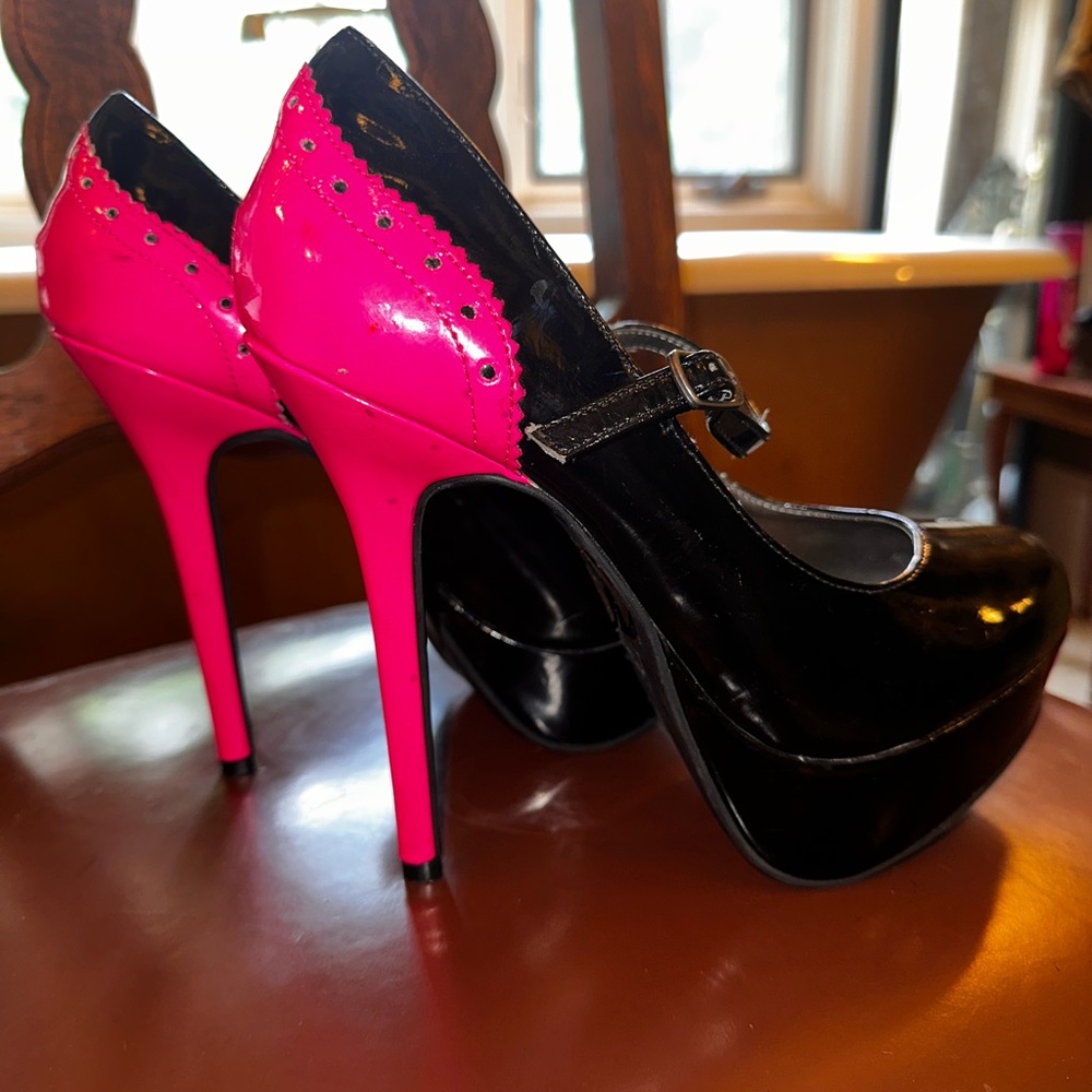 Size 7 Charlotte Russe, hot pink and patent leather black platform, stilettos,